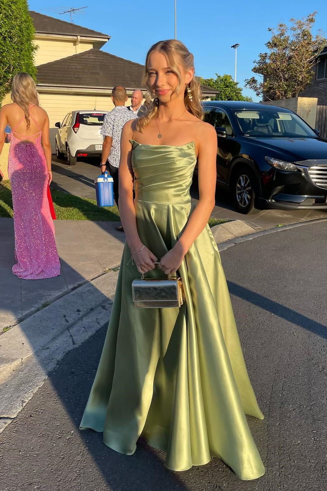 A-Line Sage Green Wedding Guest Dress Strapless Satin Long Formal Gown Sage Green / US14 A-Line Sage Green Wedding Guest Dress Strapless Satin Long Formal Gown Sage Green / US14