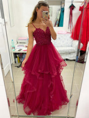 A Line Burgundy Lace Prom Dresses 2024 V Neck Tulle Formal Gown