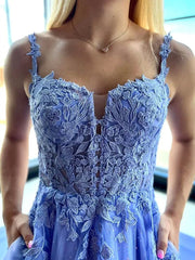 A Line 2024 Lace Blue Long Prom Dresses Straps with Pockets