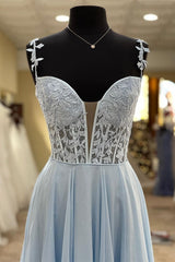 A Line Lace Long Formal Dresses Blue Prom Dress Bodice Beaded