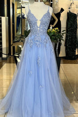 A Line Long Blue Lace Evening Dress V Neck with Beaded