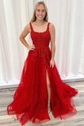 A Line Long Lace Floral Red Formal Dress Beaded Open Back - MyChicDress
