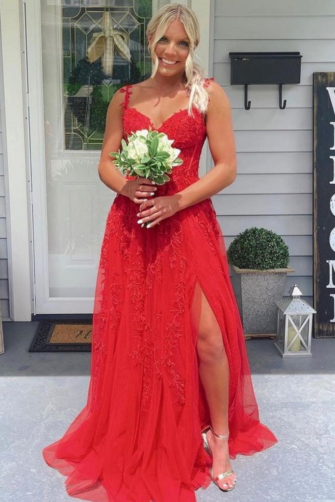 A Line Long Red Lace Graduation Dresses V Neck Split Custom Color / US14 A Line Long Red Lace Graduation Dresses V Neck Split Custom Color / US14