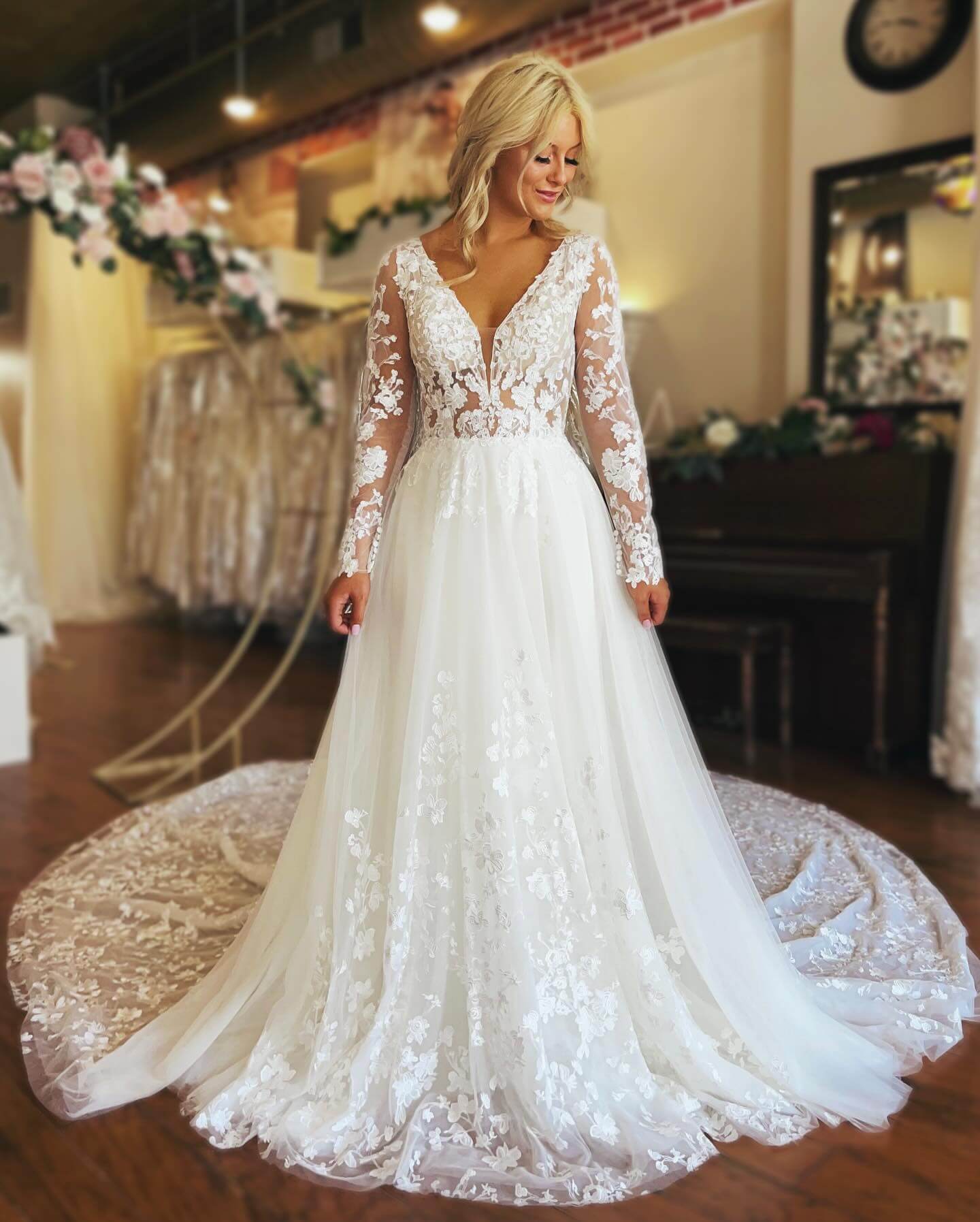 A Line Long Sleeves Lace Wedding Dresses with Button MyChicDress A Line Long Sleeves Lace Wedding Dresses with Button MyChicDress