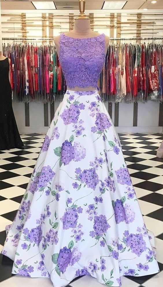 2 piece prom dresses floral Halter-Neck Two-Piece Floral Print Long Prom Dress