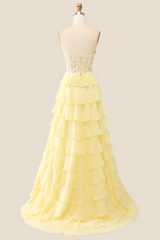 A Line Ruffles Yellow Tiered Formal Dress Sweetheart Appliques