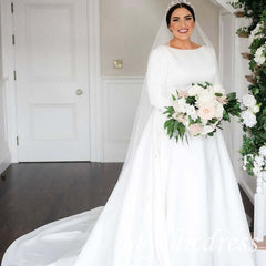 2024 A Line Satin Wedding Dresses Long Sleeves Jewel with Train