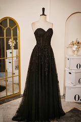 A Line Sweetheart Black Prom Dress Lace Corset Long Formal Evening Dress