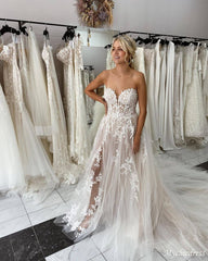 A Line Sweetheart Lace Summer Wedding Dresses Boho Tulle with slit