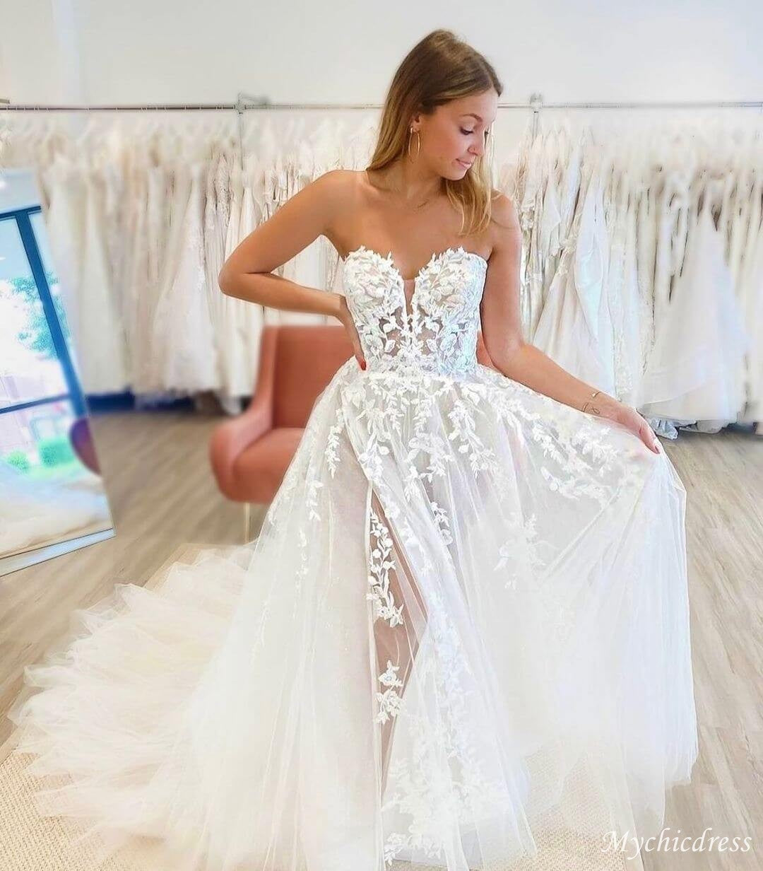 A Line Sweetheart Lace Summer Wedding Dresses Boho Tulle with slit US2 / White A Line Sweetheart Lace Summer Wedding Dresses Boho Tulle with slit US2 / White
