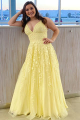A Line Yellow Long Prom Dresses Lace Formal Evening Dress UK