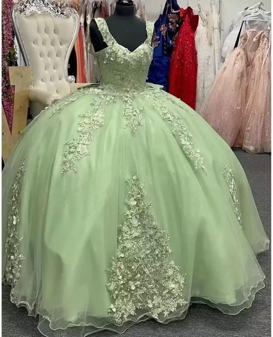 Luxury Ball Gown Sweetheart Neck Spaghetti Straps Flower Lace Appliques Beaded Sage Green Tulle Quinceanera Dress Princess Gown for Sweet 16 2 / Sage Luxury Ball Gown Sweetheart Neck Spaghetti Straps Flower Lace Appliques Beaded Sage Green Tulle Quinceanera Dress Princess Gown for Sweet 16 2 / Sage