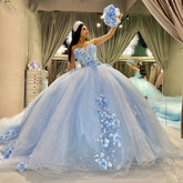 Ball-Gown Sky Blue Quinceanera Dresses 3D Flower Tulle Strapless Sleeveless Mychicdress