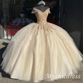 Ball Gown Off the Shoulder Gold Lace Quinceanera Dresses 2025 - MyChicDress