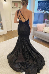 Black Lace Sequins One Shoulder Evening Gown Mermaid Long Formal Dresses
