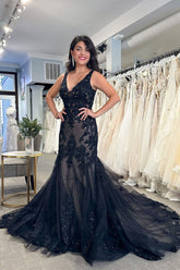 Black Lace 2025 Wedding Dress Appliques Mermaid V Neck Prom Dresses - MyChicDress