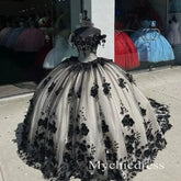 Vintage Black Quicneanera Dress with flowers 3D Puffy Sweet 16 Party Dress - MyChicDress