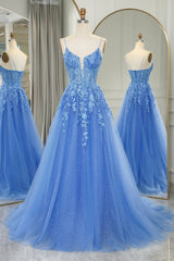 Blue Long Prom Dress Cheap A-Line Formal Dress Tulle With Appliques