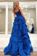 Blue Ruffle Tiered Prom Dresses Tulle Sequin Sweetheart Long Formal Gown