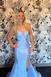 Blue Mermaid Satin Prom Dress Strapless Evening Dress with Tulle Bow mychicdress