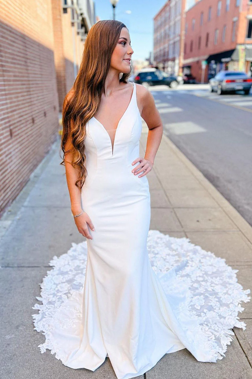 Cheap Boho V-Neck White Satin Wedding Dress Mermaid with Appliques – MyChicDress