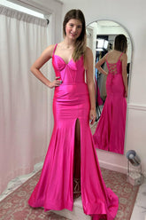 Cheap 2025 Hot Pink Satin Long Mermaid Prom Dresses - MyChicDress