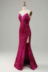 Custom Made Fuchsia Sequins Prom Dresses 2024 Strapless with Slit