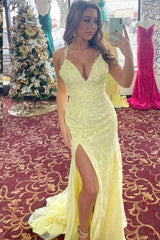 Cheap Light Yellow long Prom Dress V-Neck Lace Appliques
