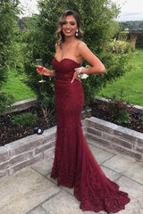 Cheap Long Burgundy Prom Dress Lace Sweetheart Mermaid Strapless