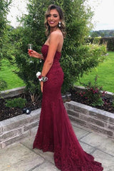 Cheap Long Burgundy Prom Dress Lace Sweetheart Mermaid Strapless