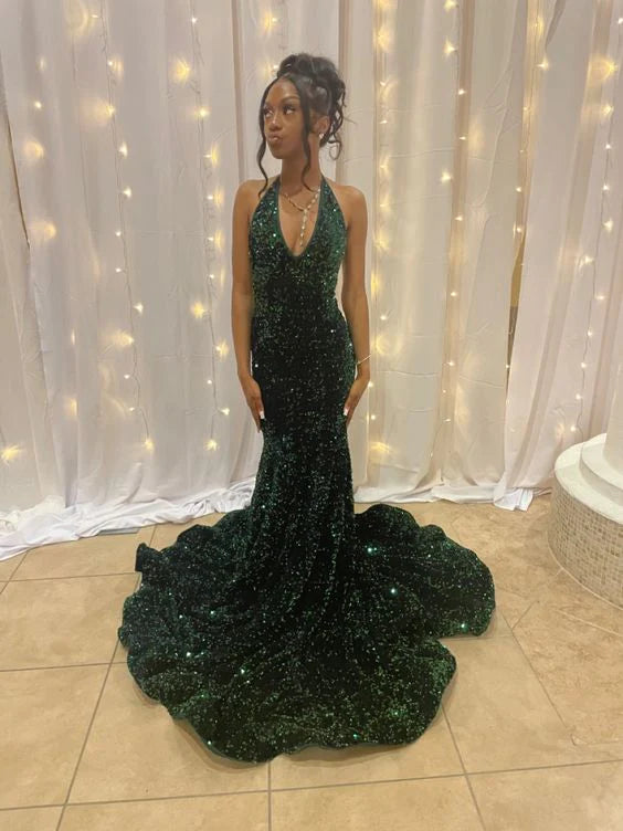 Cheap Long Halter Emerald Green Prom Dresses Sequin Party Formal Dress Cheap Long Halter Emerald Green Prom Dresses Sequin Party Formal Dress
