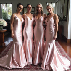 Cheap Long Pink Bridesmaid Dresses Mermaid V Neck Wedding Party Dress