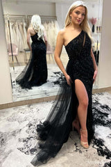 Cheap 2024 One shoulder Black Prom Dresses Sequin long Formal Gown
