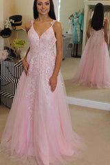 20224 Cheap Pink Prom Dresses Tulle Long Evening Dress with Appliques