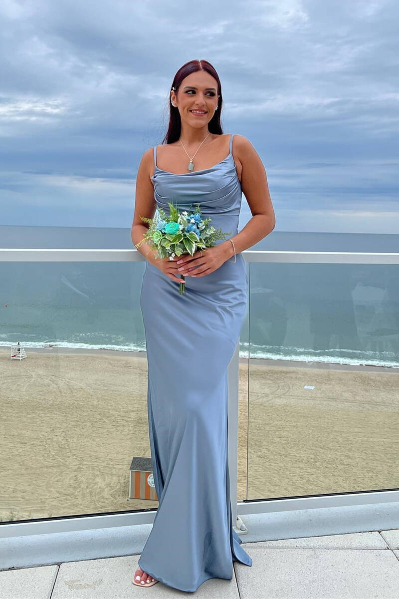 Cheap Satin Dusty Blue Wedding Guest Dress Long Formal Dress Cowl