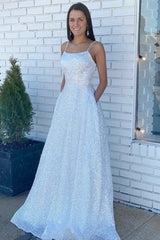 Cheap Sequins Evening Dress Square 2024 White Prom Dress Straps Slit Mermaid