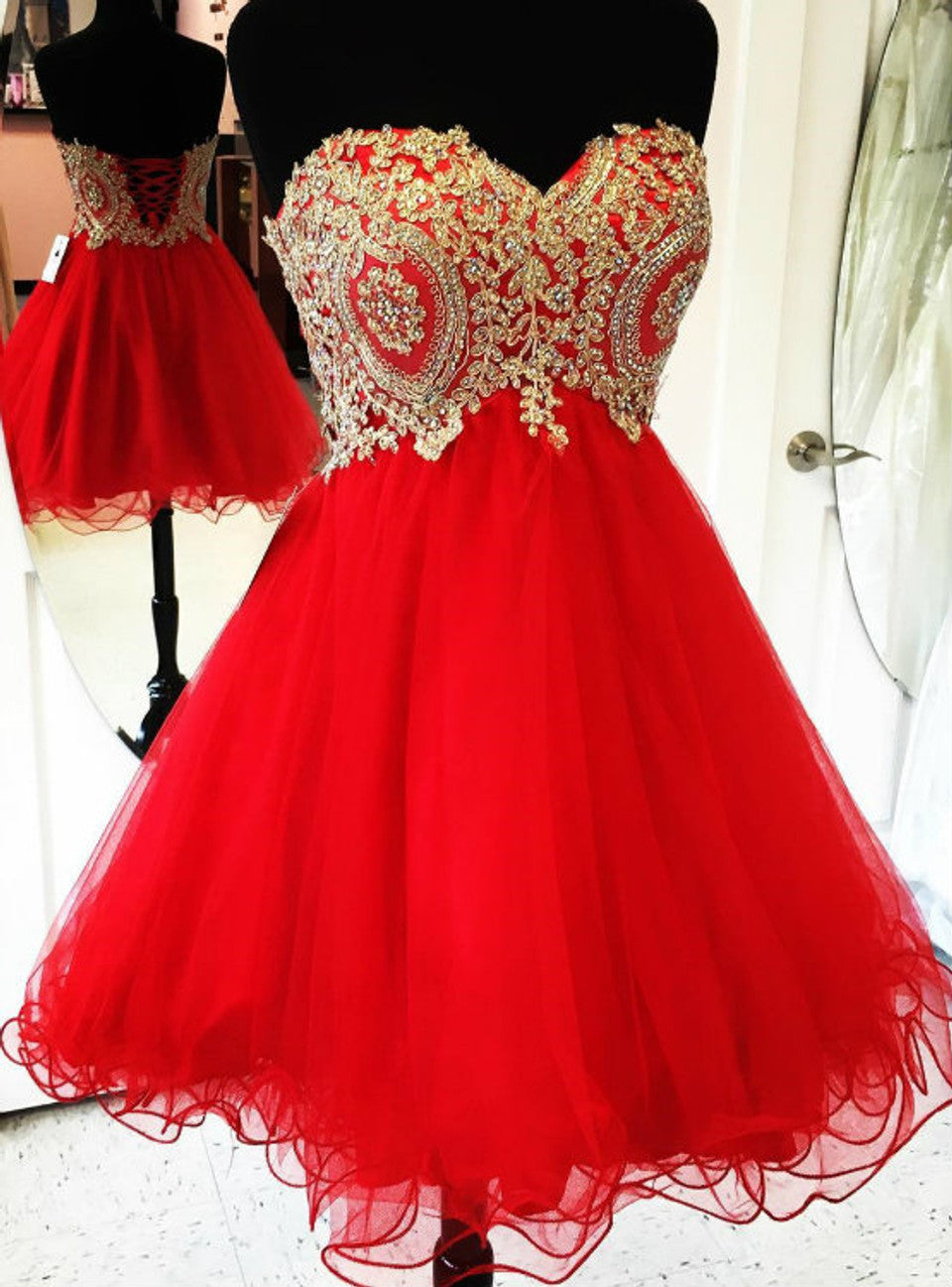 red and gold homecoming dresses Gold Lace Red Satin & 3D Rosette Mermaid Prom Dress