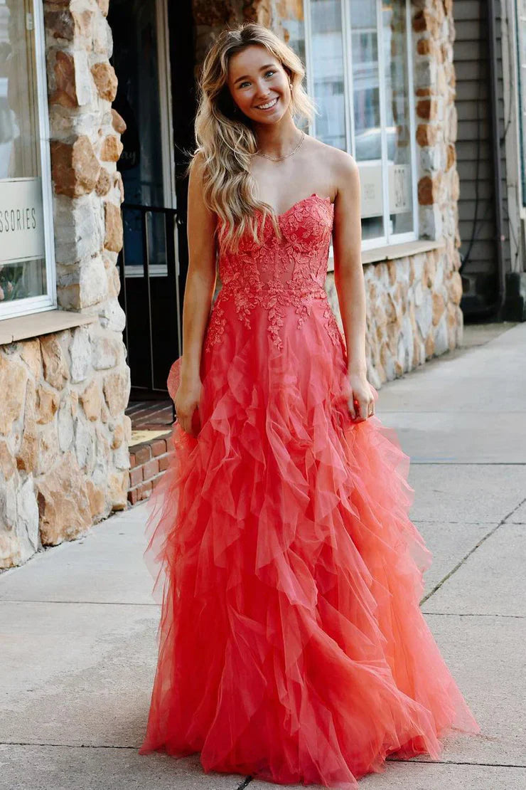 Coral Pink Layered Prom Dress Tiered Tulle Strapless Applique Coral / US16 Coral Pink Layered Prom Dress Tiered Tulle Strapless Applique Coral / US16
