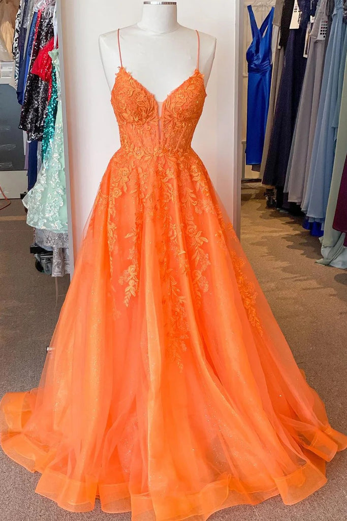 2025 Corset Orange Prom Dress Lace A Line Spaghetti Straps Appliques Custom Color / US20W 2025 Corset Orange Prom Dress Lace A Line Spaghetti Straps Appliques Custom Color / US20W