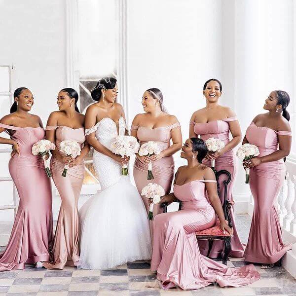 Custom Made Pink Bridesmaid Dresses Off Shoulder Long Mermaid Satin Party Dress US8 / Same as Picture