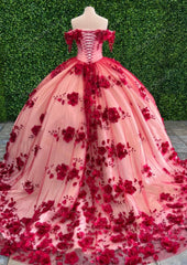 2024 Custom Made 3D Flower Red Lace Quinceanera Dresses Off the Shoulder