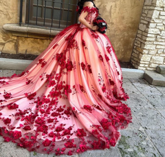 2024 Custom Made 3D Flower Red Lace Quinceanera Dresses Off the Shoulder