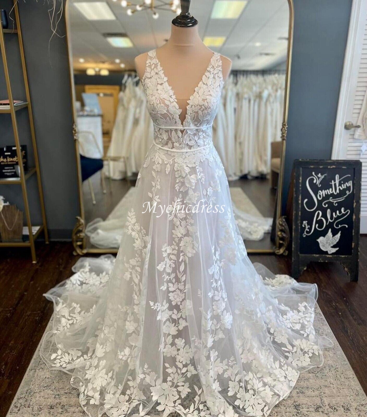 Custom made Lace Vintage Wedding Dress V Neck Mermaid Bridal Gown US10 / Gray Custom made Lace Vintage Wedding Dress V Neck Mermaid Bridal Gown US10 / Gray
