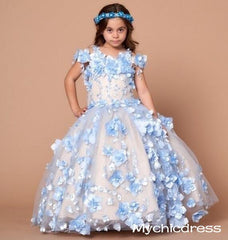 Cute Blue Floral Flower Girl Dresses Pageant Dress Mini Quinceanera Dresses