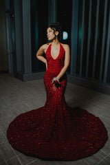 Deep V Neck 2024 Red Iridescent Sequin Prom Dress Open Back Mermaid