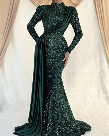 Emerald Green Sequin Evening Dress Long Sleeve Mermaid Prom Dress Emerald Green / US0 Emerald Green Sequin Evening Dress Long Sleeve Mermaid Prom Dress Emerald Green / US0