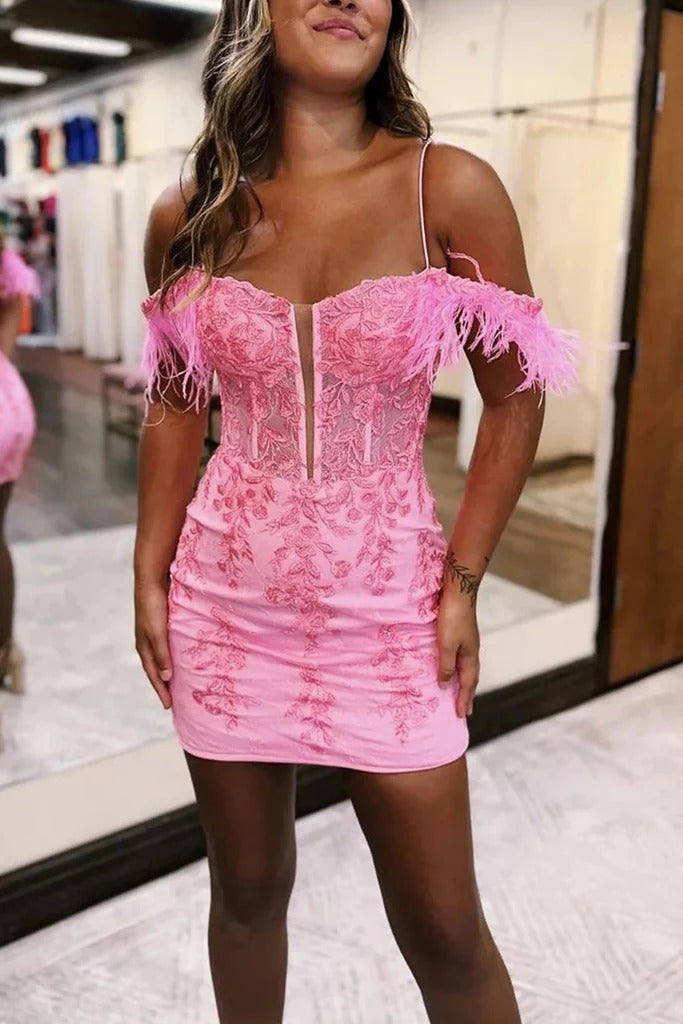 Sheath Off the Shoulder Pink Lace Homecoming Dress, Pink / 10 Sheath Off the Shoulder Pink Lace Homecoming Dress, Pink / 10