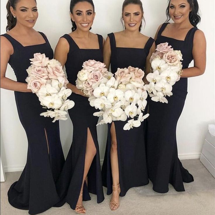 Floor Length Black Bridesmaid Dresses Square Mermaid Long Wedding