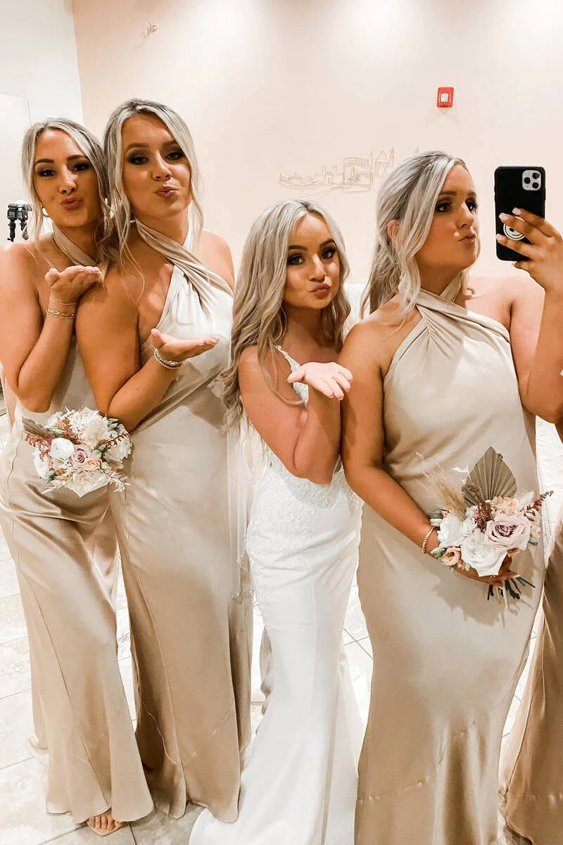 Floor Length Halter Champagne Bridesmaid Dress Cross Front Wedding Party Dress US4 / Blue Floor Length Halter Champagne Bridesmaid Dress Cross Front Wedding Party Dress US4 / Blue