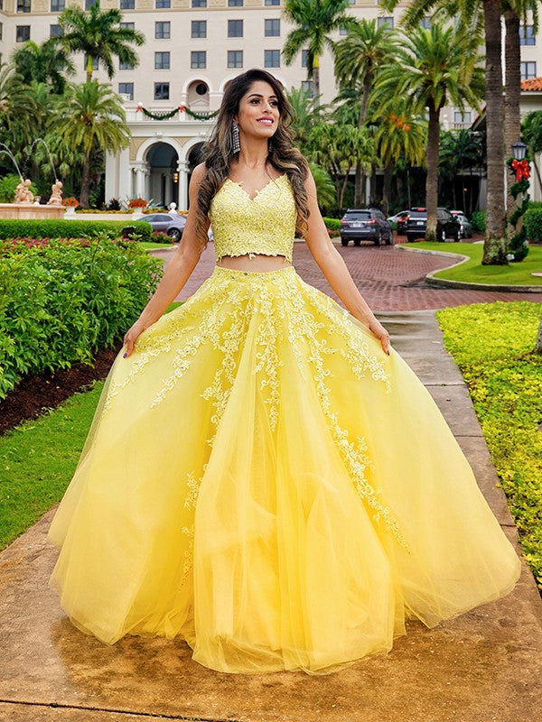 Floor-Length Two Piece Yellow Lace Prom Dresses A-Line Tulle V
